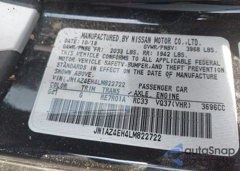 2020 Nissan 370Z 7-Speed Automatic из США, поврежденный, VIN JN1AZ4EH4LM822722